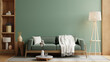 Green sofa with table on green wall and wooden flooring,Minimalist design- 3D rendering