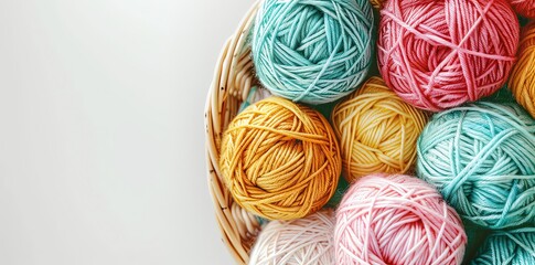 Colorful balls of yarn in a basket on a white background, in a top view. Knitting and craft work concept banner.