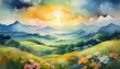 A natural environment painted in watercolor with far off hills, a rising sun, a cloudy blue sky, green grass, and abstract flowers. painted by hand. 