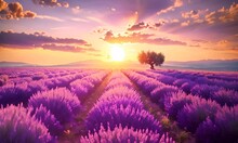Summer Sunset In Lavender Fields