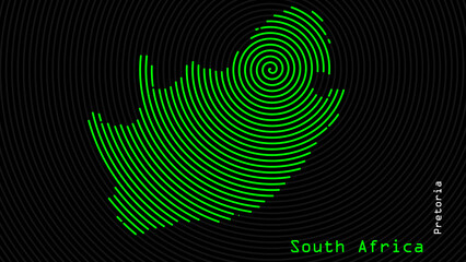 Wall Mural - A map of South Africa, with a dark background and the country's outline in the shape of a colored spiral, centered around the capital. A simple sketch of the country.