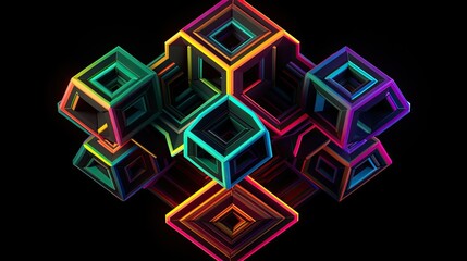 Wall Mural - Interlocking polygons in vibrant neon colors against a black backdrop