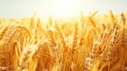 Wall Mural - Close up wheat field at golden hour, bathed in warm sunlight, whole grain field. Generative AI