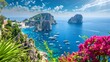 The enchanting island of Capri, with its rugged coastline dotted with ancient ruins and lush gardens overlooking the turquoise waters of the Tyrrhenian Sea.