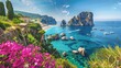 The enchanting island of Capri, with its rugged coastline dotted with ancient ruins and lush gardens overlooking the turquoise waters of the Tyrrhenian Sea.