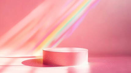 Candy pink empty display podium stage on rainbow dreamy light and shadow pink abstract background, for cosmetic, fantasy, girl's product, feminine gift present and show.