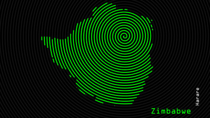 a map of zimbabwe, with a dark background and the country's outline in the shape of a colored spiral