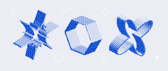 Poster - Bitmap textured shape set. Dither halftone objects collection. Blue 3d flower, star, hexagon elements for banner, poster, leaflet. Abstract pixelated raster effect bundle. Vector pack