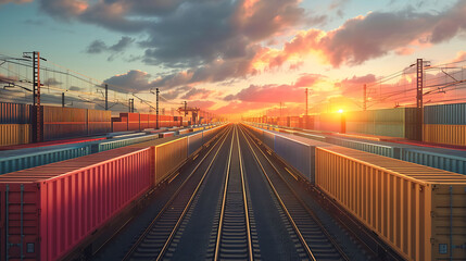 Wall Mural - Global business of Container Cargo freight train for logistic import export, Business logistics concept , Air cargo trucking , rail transportation , maritime shipping , On-time delivery