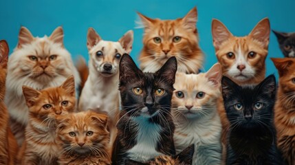 Wall Mural - Large group of cats and dogs looking at the camera on blue background