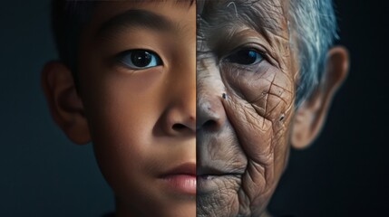 Wall Mural - The face is divided into two halves - half of an Asian boy and half of an old Asian man. Distinguishing childhood and old age, aging, maturation, longevity, lifespan, aging, gerontology.