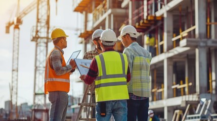 Wall Mural - Team of architects using tablets and standing to read blueprints at construction site, designers and engineers building, civil and steel structures.