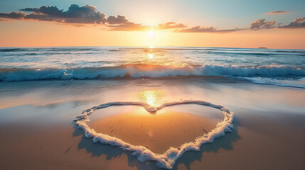 Heart shaped sand on a tranquil beach, created by hand to symbolize love and romance. Generative AI