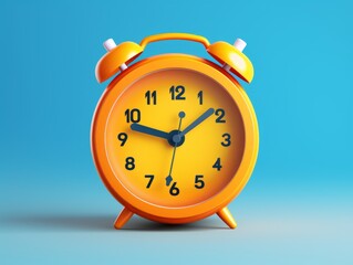 A 3D style imitation cartoon icon of an orange alarm clock placed on a solid blue background