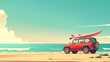 © arif - red car and surfboard on beautiful beach in summer, cartoon illustration, banner design poster advertising card summer themed decoration
