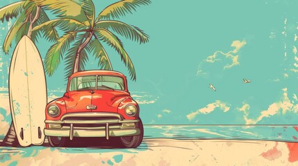 cartoon illustration of vintage red car on the beach and surfboard with copy space, summer themed advertising decoration card poster banner design