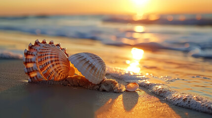 Seashell stack on a tranquil beach at dawn. Landscape photography in the morning. Generative AI