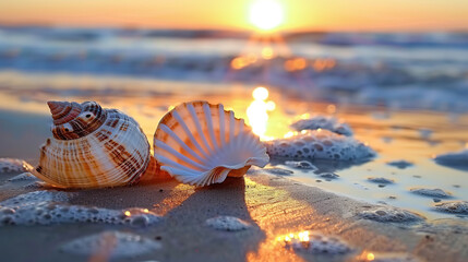 Wall Mural - Seashell stack on a tranquil beach at dawn. Landscape photography in the morning. Generative AI