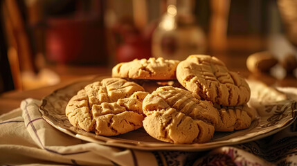 Peanut butter cookies fresh out of the oven, shot with a warm tone to create a cozy baking scene. Generative AI