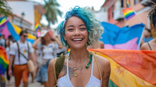 Asian Woman Enjoying The Gay Pride March While Walking On A Colonial Street Surrounded By Community Flags