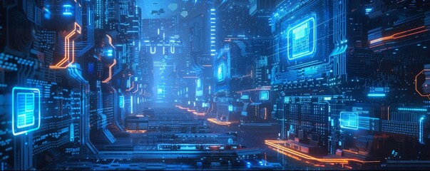 Futuristic SciFi Illustrations Create digital illustrations featuring a blue computer chip integrated into futuristic scifi environments For example, imagine a cybernetic cityscape where buildings are