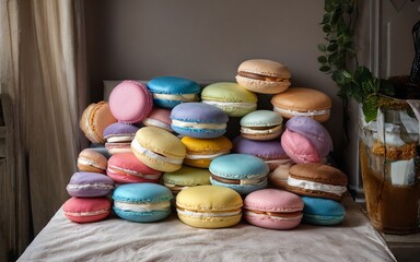 Poster - A stack of colorful macarons on a table