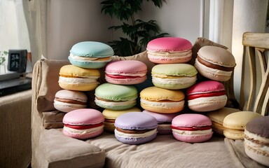 Poster - A stack of colorful macarons on a couch