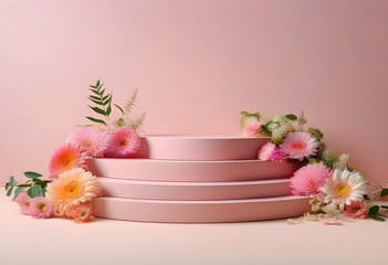 Wall Mural - A pink podium with a bouquet of flowers and scattered petals