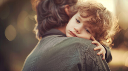 Wall Mural - Father comforting child, close-up on child's head on father's shoulder