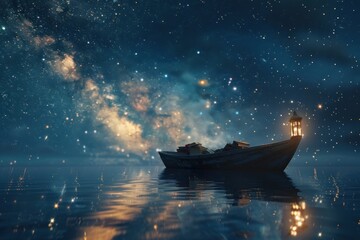 Wall Mural - A boat is floating on a lake at night with a lantern on it.