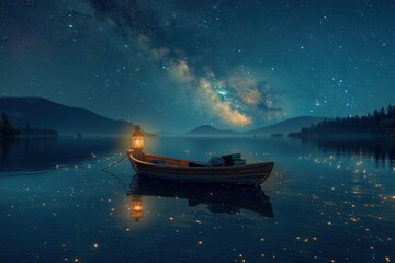 Wall Mural - A boat is floating on a lake at night with a lantern on it.