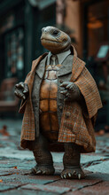 Stylish Turtle Ambles Through City Streets In Tailored Elegance, Epitomizing Street Style.