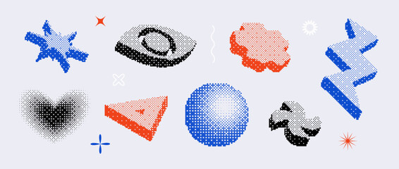 Poster - Bitmap shape set. Dither halftone geometric object collection. Pixelated eye, flower, heart, sphere, zigzag, star elements for banner, poster, leaflet. Pixel 3d raster effect bundle. Vector pack