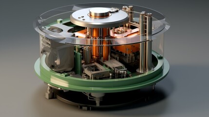 3D animated model of a centrifuge used in uranium enrichment, showing the separation process and collection of enriched material