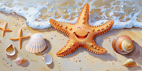 Wall Mural - cute smiling starfish on the beach with shells, generative AI