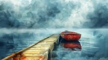 The Watercolor Painting Shows A Wooden Dock Jutting Out Into A Calm Lake On An Overcast Day. A Red Rowboat Is Tied To The End Of The Dock.