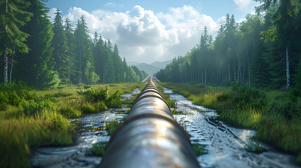 pipeline, in the photo pipeline close-up against a background of green forest and blue sky