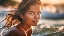 Beautiful Young Woman Against The Background Of The Ocean At Sunset