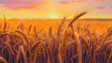 Wall Mural - Close up wheat field at golden hour, bathed in warm sunlight, whole grain field. Generative AI