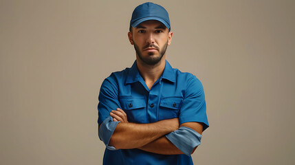 Professional delivery guy employee man wears blue cap t-shirt uniform workwear work as dealer courier look camera hold hands crossed folded isolated on plain light beige background, Service concept