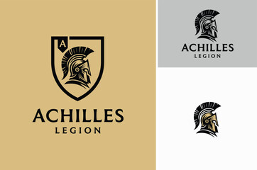 Spartan Warrior Helmet, Sparta Greek Mask of Achilles with Shield for Protection or Security logo design