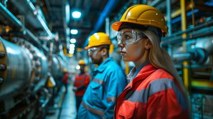 Female engineer and male technicians in hard hats inspect industrial machinery in a brightly lit factory.