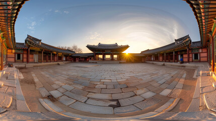 Wall Mural - Panoramic view of a historic Korean palace during daylight, warm atmosphere