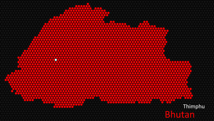 a map of bhutan, with a dark background and the country's outline in the shape of a colored hexagon,