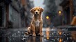 Stray homeless dog. Sad abandoned hungry puppy sitting alone in the street under rain. Dirty wet lost dog outdoors. Pets adoption, shelter, rescue, help for pets
