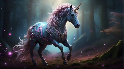 Wall Mural - A mystical unicorn, with a shimmering white coat and a rainbow-colored mane, galloping through a magical forest filled with sparkling trees and flowers.