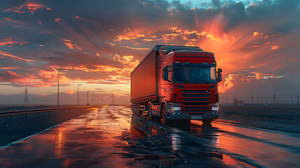 Wall Mural - Truck on highway road with red container, transportation concept.,import,export logistic industrial Transporting Land transport on the asphalt expressway with sunrise sky