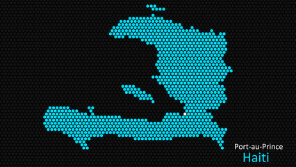 A map of Haiti, with a dark background and the country's outline in the shape of a colored hexagon, centered around the capital. A simple sketch of the country