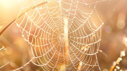 Delicate and detailed spider web glistens in the morning sun. The web is covered in tiny dew drops that sparkle like diamonds.