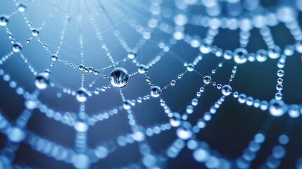 Wall Mural - Delicate and detailed macro photo of a wet spider web with water droplets reflecting the light.